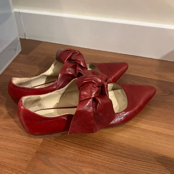 Zara Red Leather Bow Flats - Picture 2 of 8
